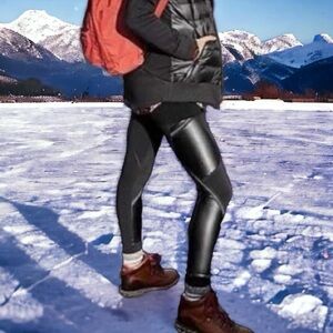 Athleta Urban Cozy Fleece Lined Faux Leather Tights Black Size Large Tall